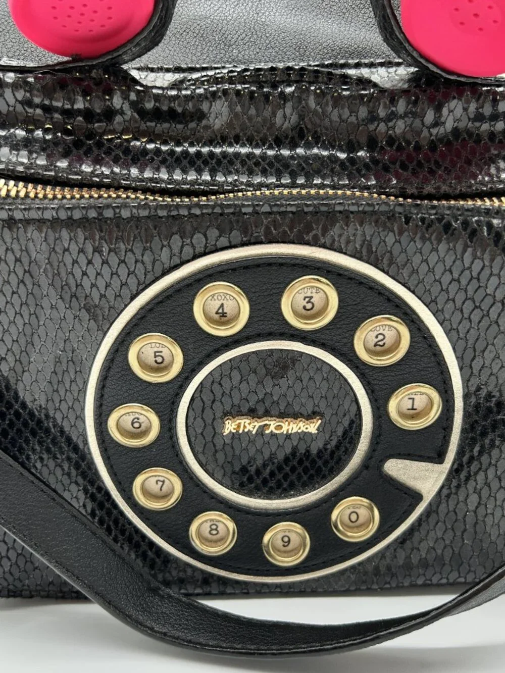 Betsey Johnson Hold Please Telephone Tote Bag - Black Snake Embossed Kitsch